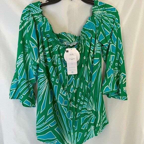 Escapada Living Tops - Escapade Living Womens 3/4 Sleeve Vence Palm Turquoise Blouse Medium Blue Green
